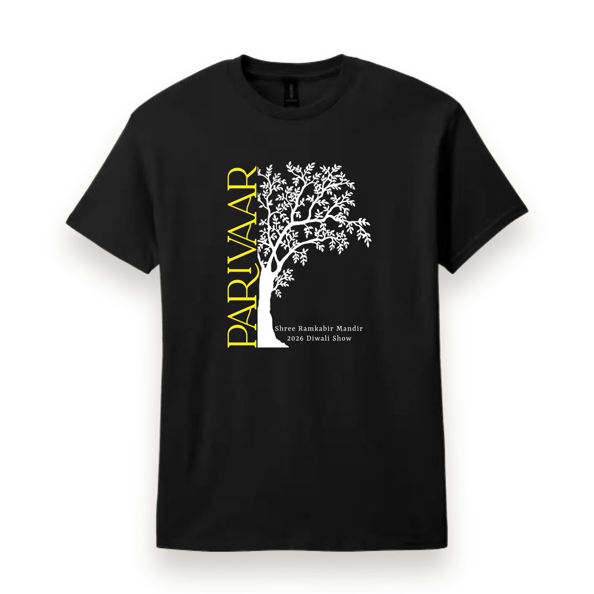 Black T-shirt with the Parivaar design printed on the front