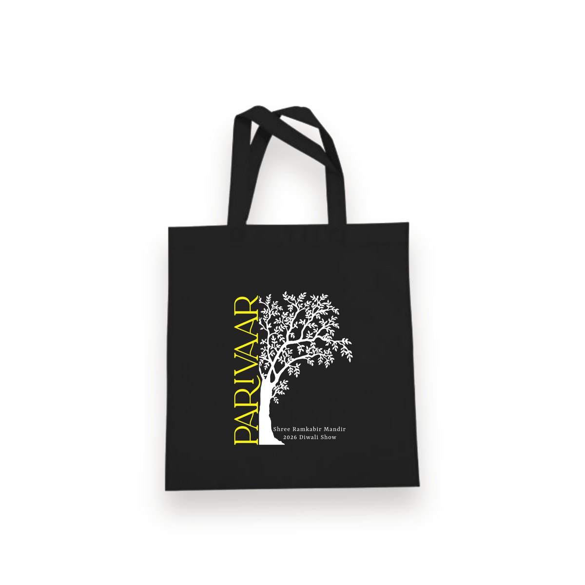Black tote bag with the Parivaar design printed on the front